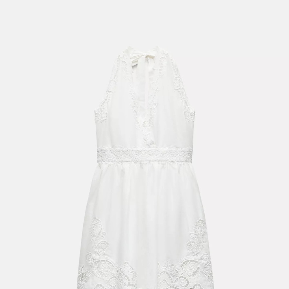 NWT Zara White Lace Embroidered Detail Halter Tie top mini Dress